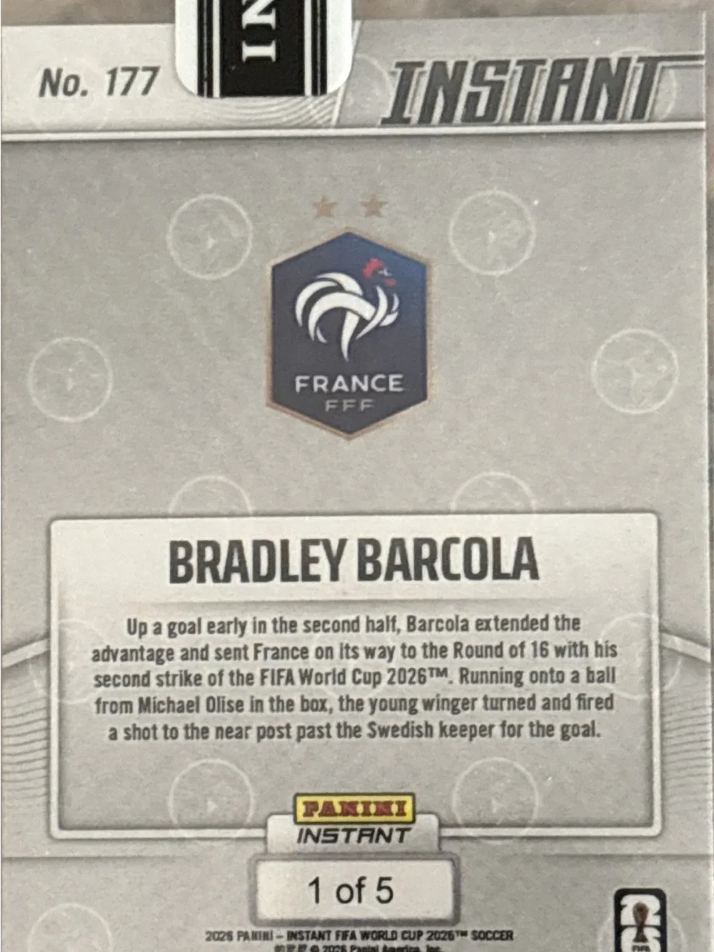 Panini Instant Bradley Barcola Soccer Card - LE 1/5
